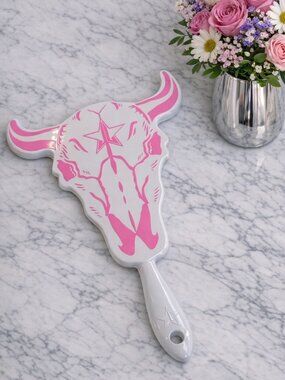 Jeffree Star Bull Skull Handheld Mirror Pink White Western Glam Vanity Accessory